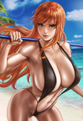 Rule 34 | 1girl, bare shoulders, beach, black one-piece swimsuit, breasts, brown eyes, cleavage, cloud, commentary, dandon fuga, fingernails, highres, holding, holding weapon, huge breasts, lipstick, long hair, looking at viewer, makeup, nami (one piece), navel, ocean, one-piece swimsuit, one piece, orange hair, outdoors, polearm, red lips, sand, shiny skin, shoulder tattoo, slingshot swimsuit, solo, swimsuit, tattoo, thighs, weapon