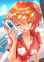 Rule 34 | 1girl, ;d, absurdres, ahoge, beach, blurry, blurry background, blush, bottle, breasts, cleavage, cloud, collarbone, commentary request, fate/grand order, fate (series), fujimaru ritsuka (female), fujimaru ritsuka (female) (tropical summer), glasses, hair between eyes, hair ornament, hair scrunchie, highres, holding, large breasts, looking at viewer, official alternate costume, one eye closed, open mouth, orange eyes, orange hair, orange scrunchie, outdoors, scrunchie, short hair, short sleeves, shorts, side ponytail, smile, solo, tropical summer (fate)