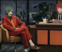 Rule 34 | absurdres, batman (series), black jacket, blazer, brown footwear, chainsaw man, chair, closed mouth, coffee cup, collared shirt, commentary, cosplay, crossed legs, cup, desk, disposable cup, dress shirt, facepaint, foreshortening, formal, green hair, hair ornament, hairclip, higashiyama kobeni, highres, holding, jacket, joker (2019), joker (dc) (cosplay), light smile, loafers, long sleeves, looking at another, makima (chainsaw man), necktie, pants, parody, plant, red hair, red jacket, red pants, shirt, shoes, socks, the joker, white shirt, window, xyanaid, yellow eyes