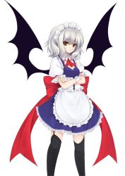 Rule 34 | 1girl, black thighhighs, black wings, blue hair, bow, breasts, cleavage, commentary request, cosplay, crossed arms, female focus, frilled skirt, frills, garter belt, looking at viewer, maid, maid headdress, moon, night, night sky, puffy sleeves, red bow, red eyes, remilia scarlet, simple background, skirt, sky, small breasts, solo, thighhighs, touhou, utakata (kochou no yume), white background, window, wings, zettai ryouiki