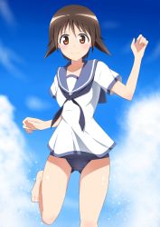 Rule 34 | 1girl, absurdres, barefoot, brown eyes, brown hair, highres, miyafuji yoshika, short hair, smile, solo, strike witches, sukeberosu, swimsuit, swimsuit under clothes, world witches series