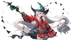 Rule 34 | 1girl, absurdly long hair, aqua gloves, aqua headwear, arknights, bare shoulders, cowboy shot, dress, frilled sleeves, frills, gloves, highres, holding, holding staff, long hair, long sleeves, looking at viewer, low-tied long hair, navel, parted lips, red dress, red eyes, sample watermark, simple background, skadi (arknights), skadi the corrupting heart (arknights), smile, solo, staff, thigh strap, tianye toshi, very long hair, watermark, white background, wide sleeves