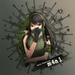 Rule 34 | 1girl, 2692hd, adjusting scarf, armband, assault rifle, black hair, breasts, character name, copyright name, girls&#039; frontline, gloves, green eyes, gun, headphones, long hair, looking at viewer, m4a1 (girls&#039; frontline), multicolored hair, radio, ribbed sweater, rifle, scarf, keffiyeh, sidelocks, sleeveless, solo, streaked hair, sweater, weapon