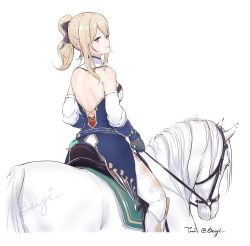 Rule 34 | 1girl, animal, back, beiyi, blonde hair, genshin impact, gloves, horse, jean (genshin impact), long hair, looking at viewer, looking back, ponytail, purple eyes, riding, simple background, smile, solo, white background