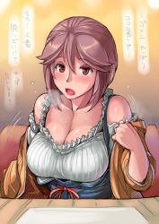 Rule 34 | 1girl, bare shoulders, blush, breasts, brown eyes, brown hair, cleavage, dirndl, female focus, german clothes, huge breasts, looking at viewer, open mouth, original, red eyes, rozen maiden, short hair, sitting, solo, souseiseki, sweat, translation request, tsuda nanafushi, underbust, upper body