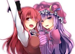 Rule 34 | 2girls, arm up, blush, breast press, breasts, crescent, dress, female focus, hair ribbon, hat, head wings, impossible clothes, impossible shirt, jyuuji, koakuma, long hair, multiple girls, one eye closed, open mouth, patchouli knowledge, purple eyes, purple hair, red eyes, red hair, ribbon, shirt, striped clothes, striped dress, symmetrical docking, touhou, upper body, vest, wings, wink