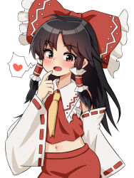 Rule 34 | 1girl, :o, ahoge, bare shoulders, blush, bow, brown eyes, brown hair, commentary request, contrapposto, cowboy shot, detached sleeves, frilled bow, frilled hair tubes, frills, hair bow, hair tubes, hakurei reimu, hand up, heart, highres, index finger raised, long hair, long sleeves, midriff, navel, open mouth, parted bangs, red bow, red skirt, red vest, ribbon-trimmed sleeves, ribbon trim, s zonmbi, sarashi, sidelocks, simple background, skirt, skirt set, solo, spoken heart, touhou, very long hair, vest, white background, wide sleeves