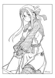 Rule 34 | 1girl, ainu clothes, animal ears, bandana, commentary request, cow ears, cow horns, cow tail, cropped jacket, folded ponytail, fundoshi, greyscale, headband, highres, horns, japanese clothes, kamoi (kancolle), kantai collection, kawajuu, leg wrap, long hair, looking at viewer, monochrome, pelvic curtain, sidelocks, solo, tail, thick eyebrows, thighhighs, wrist guards