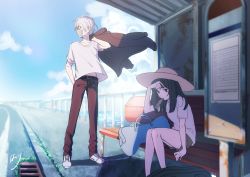 Rule 34 | 1boy, 1girl, ahoge, arm up, bare legs, belt, belt buckle, bench, black hair, blue sky, blunt bangs, brown pants, buckle, bus stop, carrying clothes, cloud, cloudy sky, coat, collarbone, commentary request, day, grass, grate, hakuri, hand in pocket, hand up, hat, head down, knees together feet apart, looking away, looking down, looking to the side, luggage, mask, medium hair, midriff peek, mouth hold, mouth mask, no pupils, ocean, onii-san (sachi-iro no one room), original, pants, purple eyes, railing, road, sachi-iro no one room, sachi (sachi-iro no one room), schedule, sewer grate, shade, shirt, shoes, shorts, shorts rolled up, sidewalk, signature, sitting, sky, sneakers, standing, sun hat, surgical mask, sweat, t-shirt, white hair, white shirt, wiping forehead