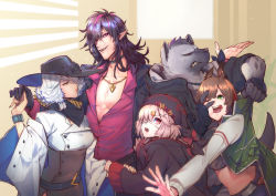 Rule 34 | 2boys, 3girls, :d, anger vein, animal ears, arknights, belt, black gloves, black hair, bracelet, breasts, brown hair, catapult (arknights), choker, clenched teeth, eyepatch, furry, furry male, gloves, green eyes, hair ornament, hair over one eye, hat, highres, horse ears, horse tail, jacket, jewelry, koryuu (gackter10), long hair, looking at viewer, midnight (arknights), midriff, multiple boys, multiple girls, necklace, one eye closed, open mouth, orchid (arknights), pointy ears, popukar (arknights), purple eyes, red eyes, scarf, short hair, smile, spot (arknights), sweatdrop, tail, teeth, tongue, yellow eyes
