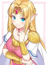 Rule 34 | 1girl, armor, bead necklace, beads, blue eyes, blush, bracer, cape, circlet, closed eyes, closed mouth, collarbone, earrings, finger to cheek, gem, heart, index finger raised, jewelry, long hair, looking at viewer, medium hair, necklace, nintendo, parted bangs, pauldrons, pointy ears, princess zelda, shiyo yoyoyo, short sleeves, shoulder armor, sidelocks, smile, solo, straight hair, super smash bros., tabard, tareme, the legend of zelda, the legend of zelda: a link between worlds, triforce, two-tone background, upper body, white cape