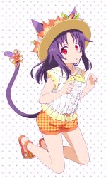 Rule 34 | 1girl, :o, absurdres, alternate costume, animal ears, blush, bow, cat ears, cat tail, collarbone, commentary request, flower, hat, hat flower, highres, kneeling, long hair, looking at viewer, miduki0622, orange shorts, polka dot, polka dot background, purple hair, red eyes, shirt, short shorts, short sleeves, shorts, simple background, solo, sun hat, sword art online, tail, tail bow, tail ornament, white shirt, yuuki (sao)