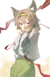 Rule 34 | 1girl, absurdres, animal ear fluff, animal ears, arknights, bad id, bad pixiv id, bare shoulders, beanstalk (arknights), beanstalk (gift uncompleted) (arknights), blush, brown hair, commentary, eyebrows hidden by hair, green skirt, grin, hair between eyes, hair ornament, hairclip, hands up, highres, long sleeves, looking at viewer, off-shoulder sweater, off shoulder, red eyes, skirt, smile, solo, sorashido, star (symbol), star hair ornament, sweater, white background, white sweater