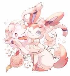 Rule 34 | absurdres, blue eyes, bow, bowtie, closed mouth, creatures (company), fangs, flower, full body, game freak, gen 6 pokemon, highres, holding, hug, leaf, nintendo, no humans, one eye closed, open mouth, pink bow, pink flower, pink fur, pokemon, pokemon (creature), simple background, smile, su (sajo su5), swirlix, sylveon, white background