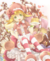 Rule 34 | 1girl, amitie (puyopuyo), blonde hair, bow, brown dress, cake, candy, candy cane, chocolate, chocolate bar, cream, cream on face, dress, food, food-themed hair ornament, food on face, fork, frilled dress, frills, fruit, green eyes, hair ornament, hat, heart, heart-shaped pupils, heart background, holding, holding fork, holding plate, horizontal-striped legwear, looking at viewer, open mouth, pancake, pink bow, plate, puffy short sleeves, puffy sleeves, puyopuyo, rento (rukeai), short hair, short sleeves, sitting, smile, solo, star (symbol), strawberry, strawberry hair ornament, striped clothes, striped thighhighs, sweet amitie, symbol-shaped pupils, thighhighs, white background