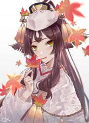 Rule 34 | 1girl, breasts, brown hair, closed mouth, csyday, fate/grand order, fate/requiem, fate (series), floral print, hair ornament, hairpin, japanese clothes, kijo kouyou (fate), kijo kouyou (second ascension) (fate), kimono, leaf, long hair, long sleeves, looking at viewer, maple leaf, parted bangs, ponytail, red lips, sidelocks, simple background, smile, tassel, very long hair, white background, white headwear, white kimono, wide sleeves, yellow eyes