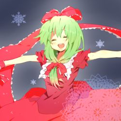 Rule 34 | 1girl, aina (artist), bad id, bad pixiv id, bisuko (bisco mm), bow, dress, closed eyes, female focus, front ponytail, green hair, hair bow, hair ribbon, happy, kagiyama hina, no nose, open mouth, outstretched arms, ribbon, snowflakes, solo, spread arms, touhou