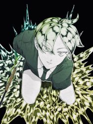 Rule 34 | 1other, androgynous, black background, closed mouth, crystal hair, eyes visible through hair, fighting stance, from above, frown, full body, gem uniform (houseki no kuni), golden arms, green hair, grey eyes, hair over one eye, highres, holding, holding sword, holding weapon, houseki no kuni, kneeling, liquid, looking at viewer, mt5 014, necktie, other focus, phosphophyllite, short sleeves, simple background, solo, sword, traditional media, translucent hair, weapon