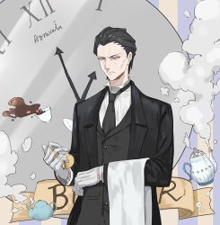Rule 34 | 1boy, agravain (fate), black hair, butler, character name, clock, cup, fate/grand order, fate (series), gloves, hair slicked back, necktie, serious, solo, teacup, teapot, waiter, white gloves, yepnean