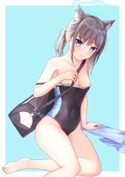 Rule 34 | 1girl, animal ear fluff, animal ears, bag, bare shoulders, barefoot, black one-piece swimsuit, blue archive, blue eyes, breasts, cleavage, clothes pull, commentary, competition swimsuit, covered navel, cross hair ornament, extra ears, feet, foot out of frame, grey hair, hair ornament, halo, highres, legs, low ponytail, medium breasts, medium hair, mismatched pupils, multicolored clothes, multicolored swimsuit, nail polish, one-piece swimsuit, one-piece swimsuit pull, shiroko (blue archive), shiroko (swimsuit) (blue archive), sitting, solo, suginagi kouta, swimsuit, toenail polish, toenails, toes, wolf ears, yokozuwari