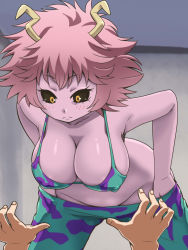 Rule 34 | 10s, 1girl, ashido mina, awa, bikini, bikini top only, black sclera, blush, boku no hero academia, breasts, cleavage, colored sclera, colored skin, covered erect nipples, groin, hanging breasts, horns, large breasts, leaning forward, looking down, monster girl, no panties, out of frame, pink hair, purple skin, short hair, sideboob, solo focus, standing, swimsuit, underwear, undressing, wide hips, yellow eyes