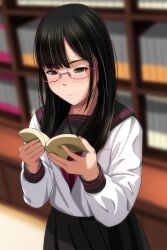 Rule 34 | 1girl, absurdres, black hair, black sailor collar, black skirt, blurry, blurry background, blush, book, bookshelf, brown eyes, closed mouth, commentary request, depth of field, glasses, half-closed eyes, highres, holding, holding book, long hair, long sleeves, looking away, matsunaga kouyou, neckerchief, nose blush, open book, original, pleated skirt, puffy long sleeves, puffy sleeves, purple-framed eyewear, purple neckerchief, sailor collar, shirt, skirt, solo, white shirt