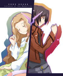 Rule 34 | 00s, 1boy, 1girl, belt, black hair, blonde hair, brother and sister, buckle, clenched hand, closed eyes, code geass, denim, dress, jacket, jeans, lelouch vi britannia, long hair, long sleeves, looking down, nunnally vi britannia, okiura, open clothes, open jacket, pants, shirt, siblings, simple background, t-shirt, white background, white dress