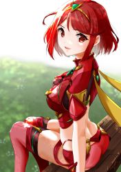 Rule 34 | 1girl, ass, black gloves, bob cut, breasts, chest jewel, earrings, fingerless gloves, gem, gloves, headpiece, highres, jewelry, large breasts, nayuta-kanata, pyra (xenoblade), red eyes, red hair, red shorts, red thighhighs, short hair, short shorts, shorts, solo, swept bangs, thighhighs, tiara, xenoblade chronicles (series), xenoblade chronicles 2