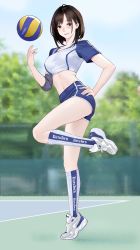 Rule 34 | 1girl, ball, black eyes, black hair, blue shirt, blue shorts, blue sky, blue socks, blurry, blurry background, bob cut, chinese commentary, commentary request, cropped shirt, dolphin shorts, elbow pads, from side, full body, grin, hand on own ass, highres, hitomi o, kneehighs, looking at viewer, original, outdoors, shirt, shoes, short hair, short shorts, short sleeves, shorts, single bare arm, sky, smile, sneakers, socks, solo, sportswear, standing, standing on one leg, throwing, tiptoes, tree, two-tone footwear, two-tone shirt, volleyball, volleyball (object), volleyball uniform, white footwear, white shirt, white socks