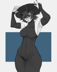 Rule 34 | 1girl, black hair, black nails, breasts, demon horns, dress, greyscale, greyscale with colored background, horns, limn044, medium breasts, monochrome, original, short hair, tight clothes, tight dress