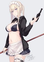 Rule 34 | 1girl, apron, artist name, artoria pendragon (alter swimsuit rider) (fate), artoria pendragon (alter swimsuit rider) (fate) (cosplay), artoria pendragon (alter swimsuit rider) (second ascension) (fate), artoria pendragon (fate), bikini, bikini top only, black bikini, breasts, bridal garter, cleavage, cosplay, cowboy shot, dated, detached collar, fate/grand order, fate (series), graf zeppelin (kancolle), gun, handgun, hood, hooded jacket, hoodie, jacket, kantai collection, lace trim, large breasts, light brown hair, maid headdress, navel, open clothes, open hoodie, open jacket, pistol, purple eyes, ribbon trim, rokuwata tomoe, sideboob, sidelocks, simple background, skirt, solo, swimsuit, trigger discipline, waist apron, weapon