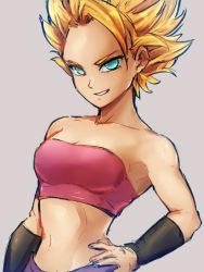 Rule 34 | 1girl, aqua eyes, arm at side, armpit peek, bare arms, bare shoulders, blonde hair, breasts, caulifla, cleavage, clenched teeth, collarbone, dragon ball, dragon ball super, eyelashes, fingernails, grey background, grin, hand on own hip, kemachiku, medium breasts, midriff, navel, pants, pink tube top, pink tubetop, purple pants, ribs, short hair, simple background, smile, solo, spiked hair, strapless, super saiyan, super saiyan 2, teeth, tube top, upper body, v-shaped eyebrows, wristband