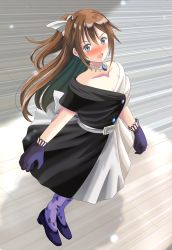 Rule 34 | 1girl, absurdres, aqua eyes, artist name, artist request, back bow, bare shoulders, belt, black dress, black footwear, black gloves, black skirt, blue eyes, blush, bow, bow hairband, breasts, brooch, brown hair, buttons, choker, cleavage, collarbone, diamond (gemstone), dress, drop earrings, earrings, embarrassed, evening gown, female focus, floating hair, floral print, full body, gloves, grey background, grey belt, grey bow, grey skirt, hair between eyes, hair bow, hairband, half updo, high ponytail, highres, jewelry, lace, lace gloves, long hair, looking at viewer, love live!, love live! nijigasaki high school idol club, love live! school idol festival, miniskirt, multicolored clothes, multicolored dress, nose blush, off-shoulder dress, off shoulder, osaka shizuku, parted lips, plaid, plaid dress, plaid skirt, pleated, pleated dress, pleated skirt, ponytail, purple gloves, purple legwear, skirt, sleeveless, sleeveless dress, small breasts, smile, solitude rain (love live!), solo, standing, two-tone dress, v-shaped eyebrows, wavy hair, white bow, white choker, white dress, white skirt
