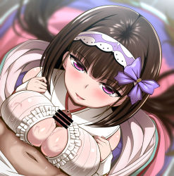 Rule 34 | 1boy, 1girl, bar censor, blurry, blush, bow, breast press, breasts squeezed together, breasts, brown hair, censored, cleavage, depth of field, fate/grand order, fate (series), hairband, hetero, highres, large breasts, long hair, looking at viewer, looking up, low twintails, navel, osakabehime (fate), paizuri, paizuri under clothes, parted lips, penis, pov, precum, purple bow, purple eyes, sekai saisoku no panda, solo focus, sweat, twintails, very long hair