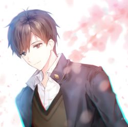 Rule 34 | 1boy, brown eyes, brown hair, cherinova, cherry blossoms, closed mouth, fate/prototype, fate/prototype: fragments of blue and silver, fate (series), highres, kitano tatsumi, long sleeves, looking to the side, pink petals, shirt, vest, white background, white shirt