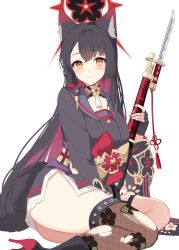 Rule 34 | 1girl, animal ears, black footwear, black gloves, black hair, black kimono, black thighhighs, blue archive, blush, boots, breasts, closed mouth, colored inner hair, fingerless gloves, fox ears, fox tail, gloves, grey sailor collar, gun, halo, high heel boots, high heels, highres, holding, holding gun, holding weapon, ichinomiya (blantte), japanese clothes, kimono, large breasts, long hair, long sleeves, multicolored hair, obi, red hair, red halo, sailor collar, sash, short kimono, simple background, single thighhigh, smile, solo, tail, thighhighs, thighs, torn clothes, torn thighhighs, wakamo (blue archive), weapon, white background, wide sleeves, yellow eyes