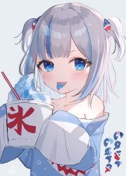 Rule 34 | 1girl, :p, blue eyes, blue hair, blue shirt, blush, character name, commentary request, cup, disposable cup, fangs, food, gawr gura, grey background, grey hair, hair ornament, highres, holding, holding cup, hololive, hololive english, long hair, long sleeves, looking at viewer, multicolored hair, off shoulder, shaved ice, shirt, simple background, sleeves past fingers, sleeves past wrists, smile, solo, streaked hair, tongue, tongue out, tsukiman, two side up, upper body, v-shaped eyebrows, virtual youtuber