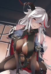 Rule 34 | 1girl, absurdly long hair, aegir (azur lane), azitama atsushi (attyuu), azur lane, bare shoulders, black cape, black gloves, black legwear, bodystocking, boots, breast curtains, breasts, cape, covered navel, cross, cross-laced clothes, cross earrings, demon horns, earrings, elbow gloves, gloves, hair between eyes, hair on horn, horns, impossible clothes, indoors, iron cross, jewelry, knee boots, large breasts, long hair, looking at viewer, multicolored hair, red hair, shirt, single knee boot, skin tight, streaked hair, two-tone hair, underbust, very long hair, white hair, white shirt, window, yellow eyes