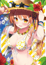 Rule 34 | 1girl, :d, armpits, arms up, bare shoulders, bikini, breasts, brown hair, cleavage, floral print, flower, flower necklace, front-tie bikini top, front-tie top, hair ornament, hairclip, halterneck, hands on headwear, hat, hat flower, hibiscus, highres, innertube, jacket, jewelry, leaf, long hair, looking at viewer, medium breasts, nail polish, navel, necklace, open clothes, open jacket, open mouth, orange eyes, original, red flower, sasahara wakaba, see-through, short sleeves, side-tie bikini bottom, side ponytail, sidelocks, smile, solo, star-shaped eyewear, star (symbol), stomach, straw hat, sunglasses, swim ring, swimsuit, upper body, white bikini, wristband, yellow nails