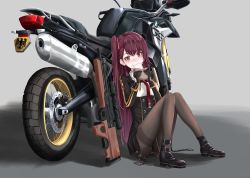 Rule 34 | 1girl, bad id, bad twitter id, bipod, black footwear, black pantyhose, black skirt, blazer, blush, breasts, bullpup, eating, embarrassed, food, framed breasts, girls&#039; frontline, gloves, gun, hair ribbon, half updo, highres, holding, holding food, jacket, large breasts, leaning against motorcycle, long hair, looking at viewer, motor vehicle, motorcycle, necktie, one side up, pantyhose, pelvic curtain, purple hair, red eyes, red necktie, ribbon, rifle, shirt, shoes, simple background, sitting, skirt, sniper rifle, solo, thighband pantyhose, very long hair, wa2000 (girls&#039; frontline), walther, walther wa 2000, weapon, yahiro0211