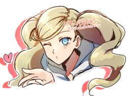 Rule 34 | 1girl, betabetamaru, blonde hair, blowing kiss, blue eyes, commentary request, eyelashes, hair ornament, hairclip, heart, long hair, looking at viewer, parted lips, persona, persona 5, solo, takamaki anne, twintails, twitter username, upper body, white background