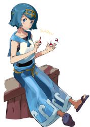 Rule 34 | 1girl, baggy pants, blue eyes, blue hair, blue pants, blue sailor collar, blush, capri pants, character name, creatures (company), crop top, fishing lure, game freak, hairband, juggling, lana (pokemon), looking at viewer, matching hair/eyes, nintendo, one-piece swimsuit, open mouth, pants, pokemon, pokemon sm, sailor collar, sandals, shirt, short hair, simple background, sitting, sleeveless, solo, swimsuit, swimsuit under clothes, text focus, trial captain, white background, yanyo (ogino atsuki)