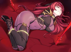 Rule 34 | 1girl, ankle boots, armor, arms behind back, ass, bdsm, black footwear, bodysuit, bondage, boots, bound, bound arms, bound legs, breasts, circlet, closed eyes, closed mouth, covered erect nipples, crack, cracked floor, fate/grand order, fate (series), full body, gae bolg (fate), high heel boots, high heels, large breasts, long hair, on ground, pauldrons, planted, purple bodysuit, red hair, scathach (fate), shoulder armor, sieyarelow, skin tight, solo, veil, weapon