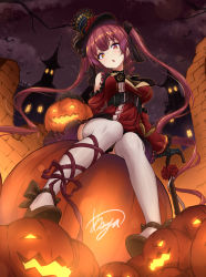 Rule 34 | 1girl, absurdres, asanaya, bat (animal), black gloves, black hat, breasts, cleavage, gloves, halloween, hat, heterochromia, highres, hololive, houshou marine, houshou marine (gothic lolita), jack-o&#039;-lantern, large breasts, long hair, long sleeves, looking at viewer, night, night sky, outdoors, pumpkin, red eyes, red hair, see-through, see-through cleavage, signature, sitting, sky, solo, star (sky), starry sky, thighhighs, twintails, virtual youtuber, white thighhighs, yellow eyes