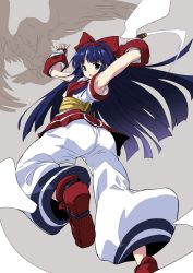 Rule 34 | 1girl, ainu clothes, armpits, arms up, ass, blue eyes, blue hair, breasts, fingerless gloves, gloves, hair ribbon, hirowa nagi, legs, long hair, looking at viewer, mamahaha, nakoruru, open mouth, pants, ribbon, samurai spirits, shoes, small breasts, snk, the king of fighters, thighs, weapon