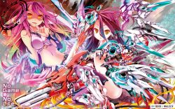 Rule 34 | 2girls, ass, breasts, cleavage, spiked halo, flat chest, halo, highres, jibril (no game no life), kamiya yuu, looking at viewer, mecha musume, mechanical parts, mechanical wings, multicolored hair, multiple girls, navel, no game no life, open mouth, pink hair, shuvi (no game no life), watermark, wings, yellow eyes