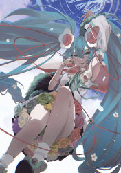 Rule 34 | 1girl, absurdly long hair, absurdres, arm up, armpits, blue eyes, blue hair, blue nails, chromatic aberration, commentary, detached sleeves, dress, feet out of frame, flower, frilled sleeves, frills, hair between eyes, hair flower, hair ornament, hatsune miku, highres, holding, holding microphone, igawa hikaru, light particles, long hair, looking at viewer, magical mirai (vocaloid), magical mirai miku, magical mirai miku (2021), microphone, nail polish, open mouth, sidelocks, socks, solo, teeth, twintails, very long hair, vocaloid, white dress, white socks