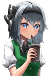 Rule 34 | 1girl, absurdres, black hairband, black ribbon, blue eyes, blush, bow, cup, disposable cup, drinking, drinking straw, green vest, hair ribbon, hairband, highres, holding, konpaku youmu, looking at viewer, puffy short sleeves, puffy sleeves, ramiki, ribbon, shirt, short hair, short sleeves, silver hair, simple background, solo, touhou, upper body, vest, white background, white shirt