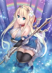 Rule 34 | 1girl, bare shoulders, blonde hair, blue eyes, boots, breasts, cleavage, crown, flower, garter straps, gauntlets, hair ornament, large breasts, long hair, looking at viewer, miniskirt, no bra, original, pleated skirt, polearm, princess knight, rainbow, ray-akila, skirt, solo, thighhighs, trident, weapon