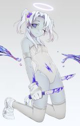 Rule 34 | 1girl, 2016, blood, blood on clothes, bloody weapon, colored blood, earrings, full body, gloves, grey thighhighs, hair ornament, halo, highres, holding, holding knife, jewelry, kneeling, knife, light blue skin, looking to the side, navel, one eye closed, original, purple blood, purple eyes, ro47, simple background, solo, thighhighs, twintails, weapon, white footwear, white gloves, white hair